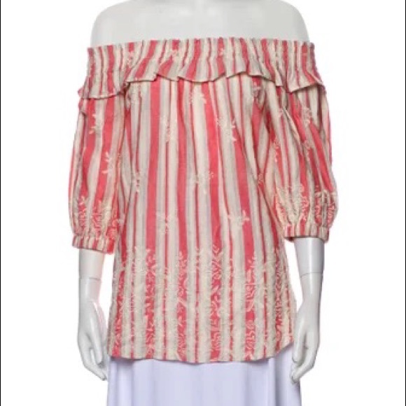 🟢 MISA Los Angeles Coral Grey & White Stripe Embroidered Off Shoulder Top - Picture 1 of 6